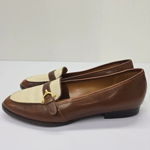 Etienne Aigner Tracy Brown Cream Leather Loafers Gold Bit Size 9.5M Brazil - Picture 3 of 6